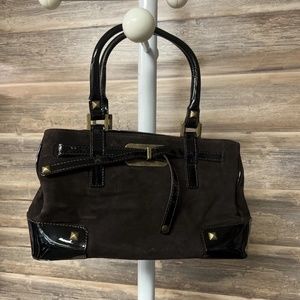 Stuart Weitzman Brown Suede Black Patent Leather Satchel Purse EUC P22